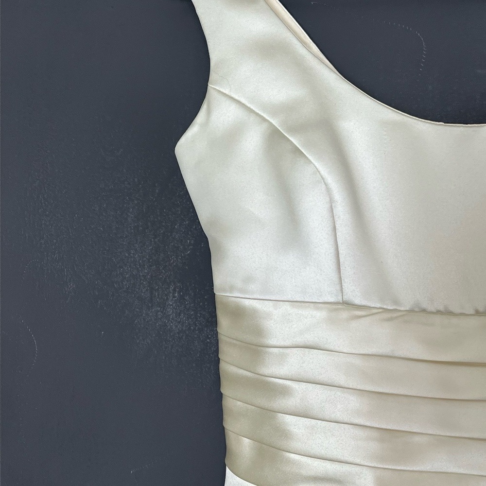 Womens Bridal Gown Cream Tea Length Satin Pleated Waist Elegant Minimalist Luxe - Picture 8 of 16